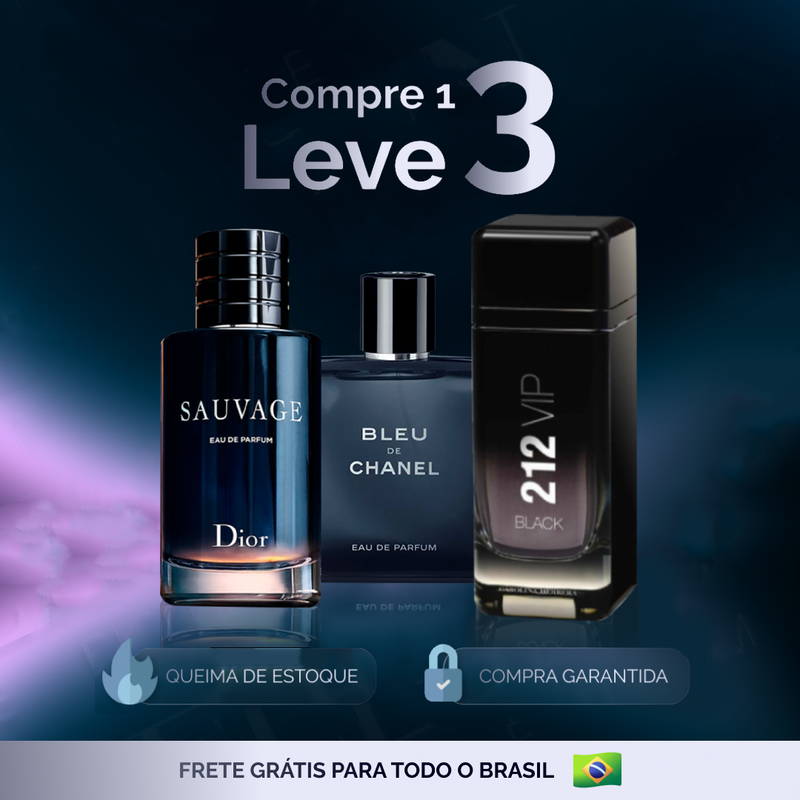 Kit 3 Perfumes Masculinos (100ml) - Sauvage | Bleu | 212 vip [QUEIMA DE ESTOQUE]